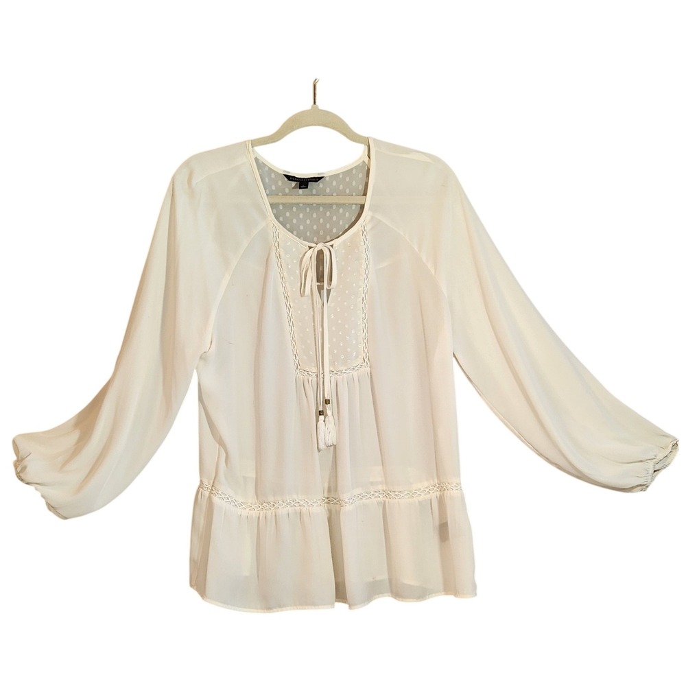 Signature Studio Blouse Women LIvory Peasant‎ long Sleeve Embroide Boho sheerL